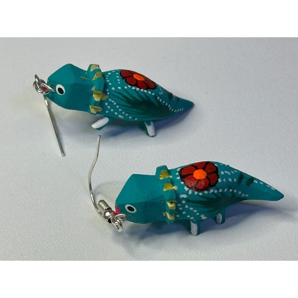 Teal Iguana Alebrije Earrings Hand Carved Painted Wood Oaxaca Mexican Folk Art